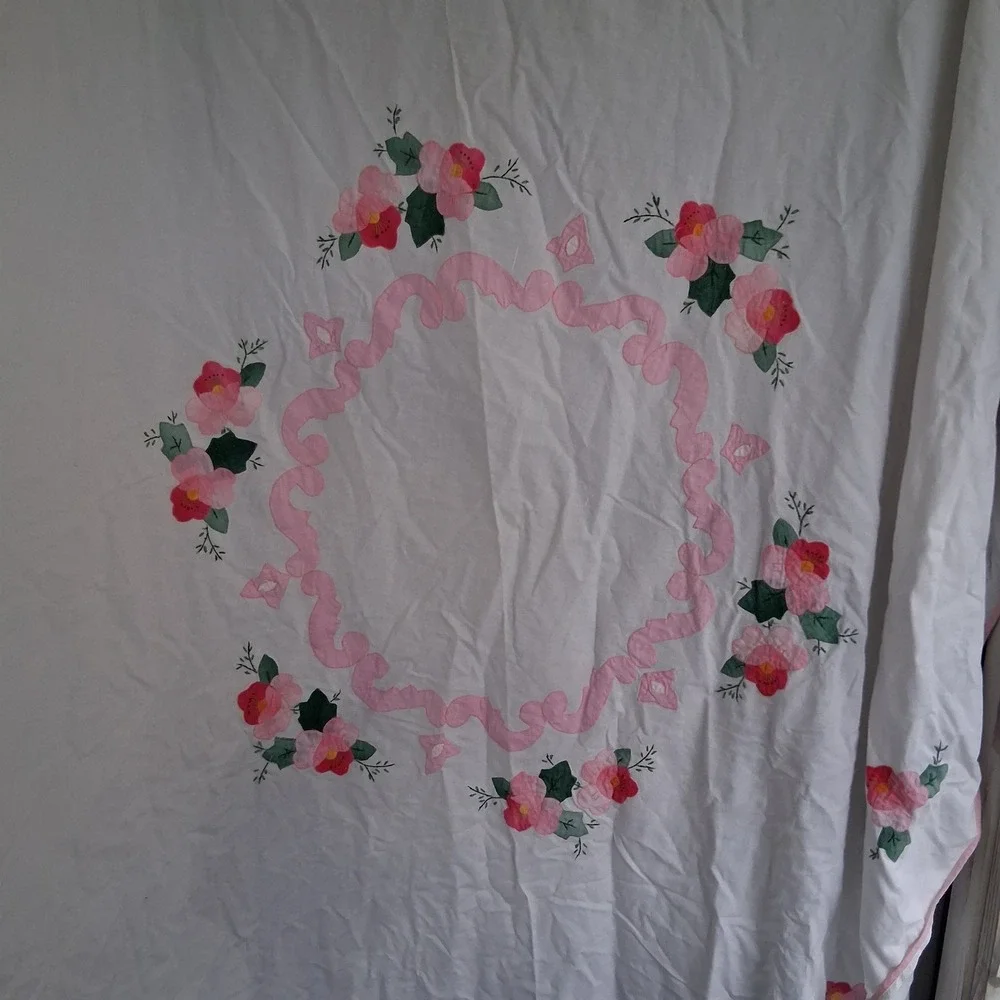Vintage Cottagecore Floral Embroidered Tablecloth White Pink 64
